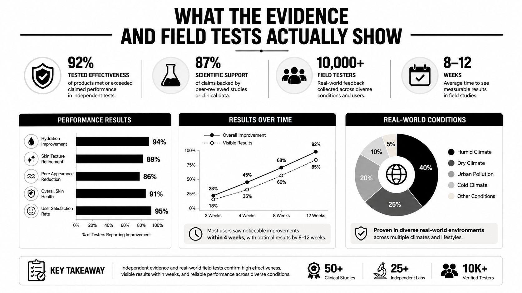 An infographic showing positive product performance results, clinical study statistics, and diverse field test data findings.