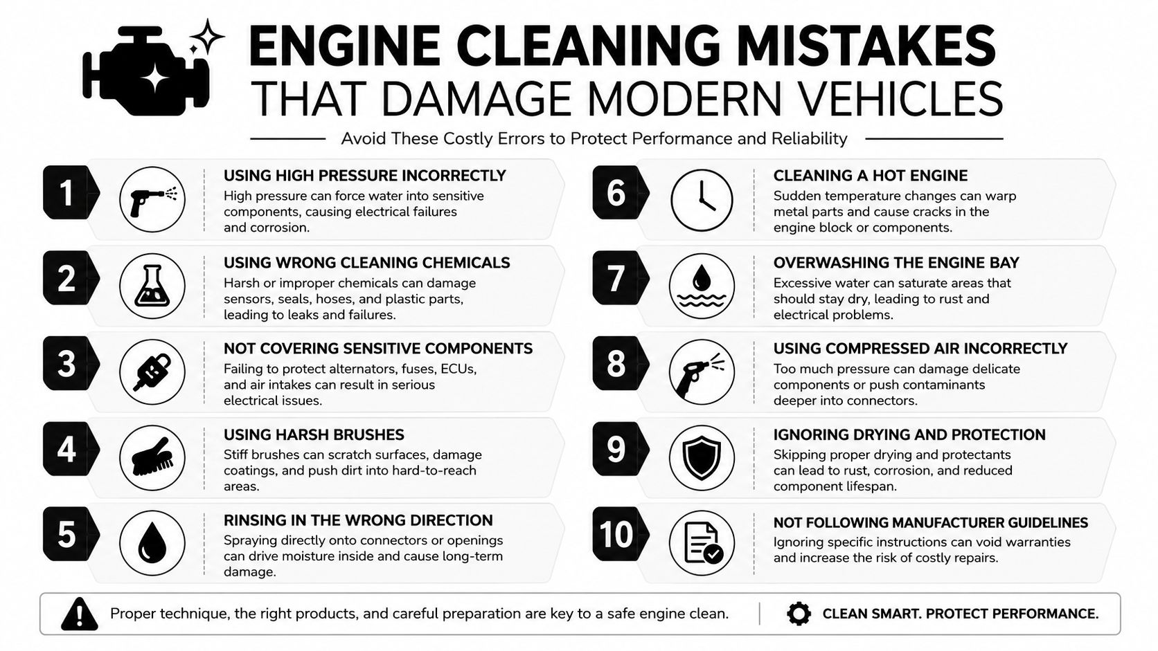 An infographic list outlining ten common engine cleaning mistakes that can damage modern vehicle components.