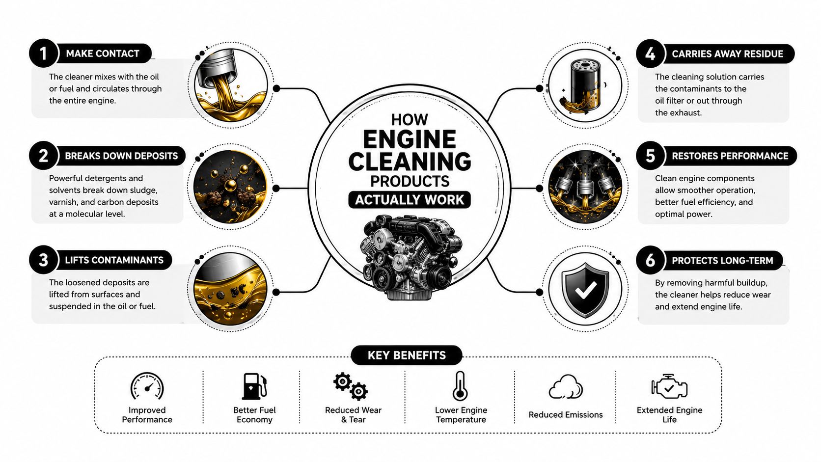 A diagram illustrating the six-step process of how engine cleaning products function to improve overall vehicle performance.