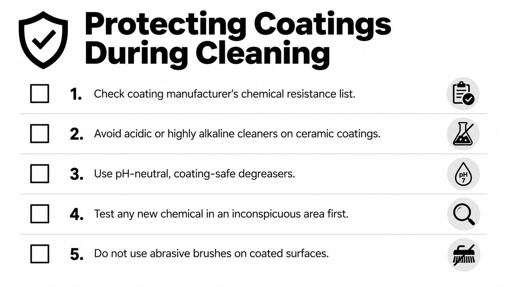 A checklist infographic titled Protecting Coatings During Cleaning with five safety guidelines for maintenance of coated surfaces.