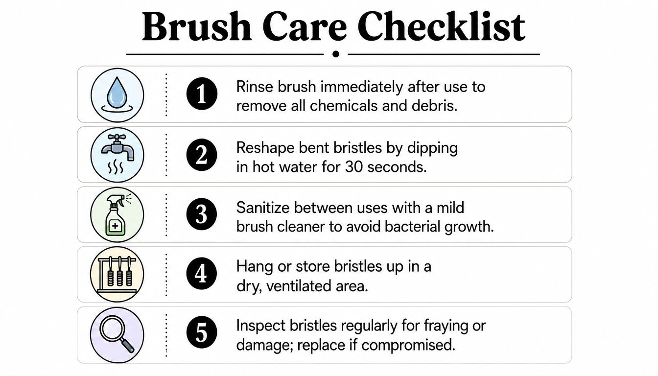 A five-step checklist illustrating essential maintenance tips for keeping brushes clean and in good condition.