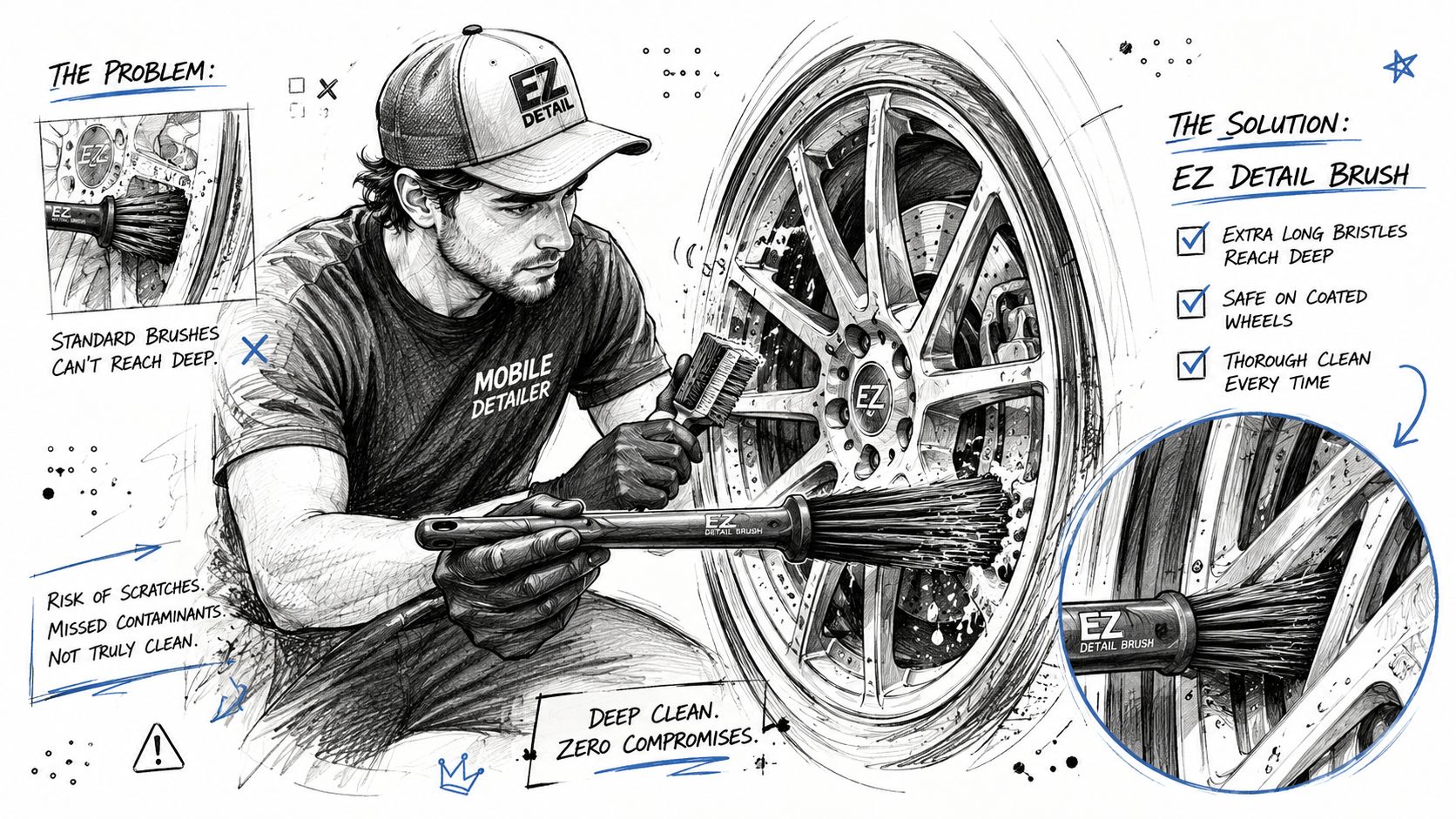 A professional detailer cleaning a car wheel using an EZ Detail Brush in a detailed sketch illustration.
