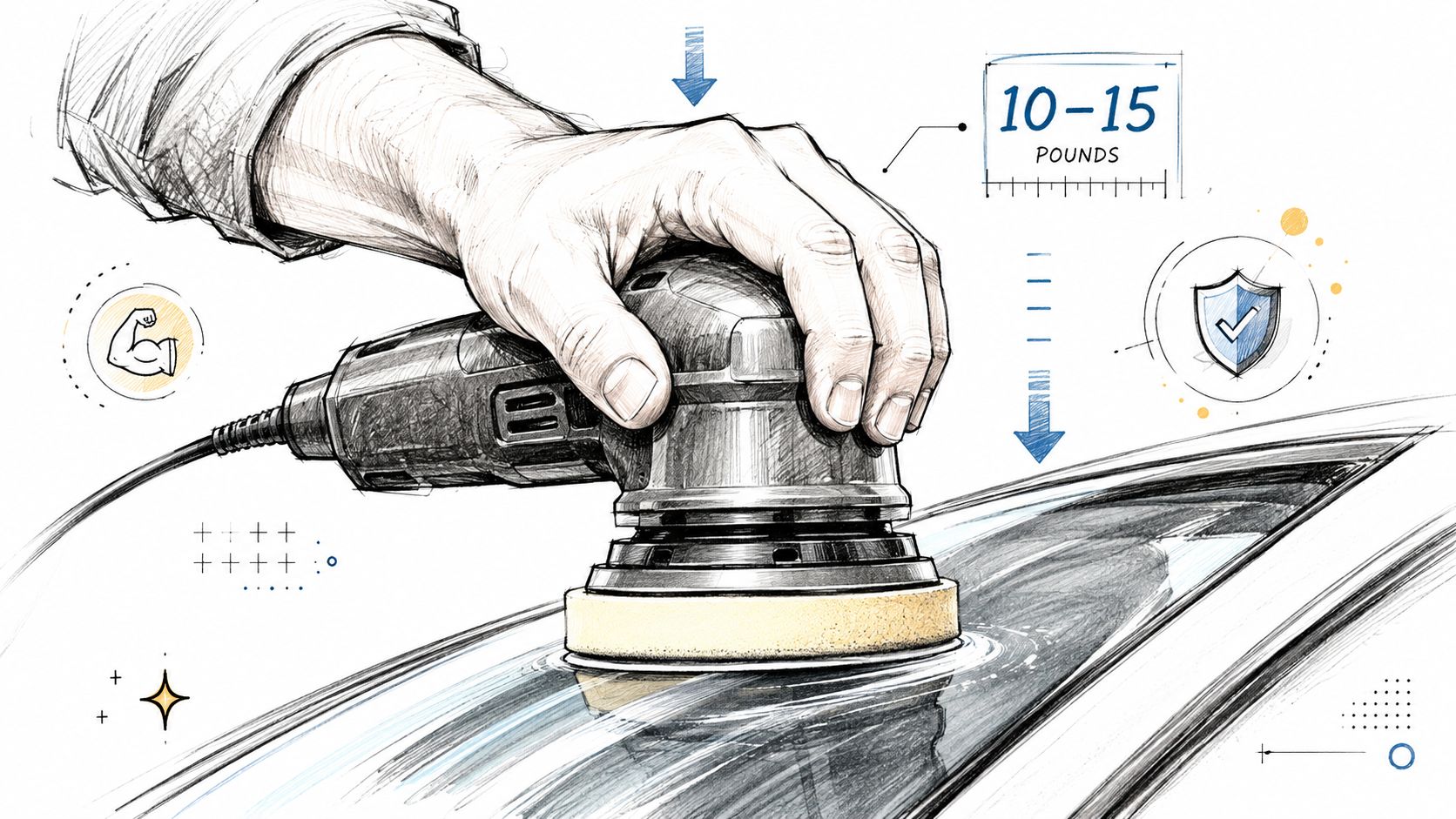 A hand using an electric orbital polisher buffer on a glass car surface for detailing.