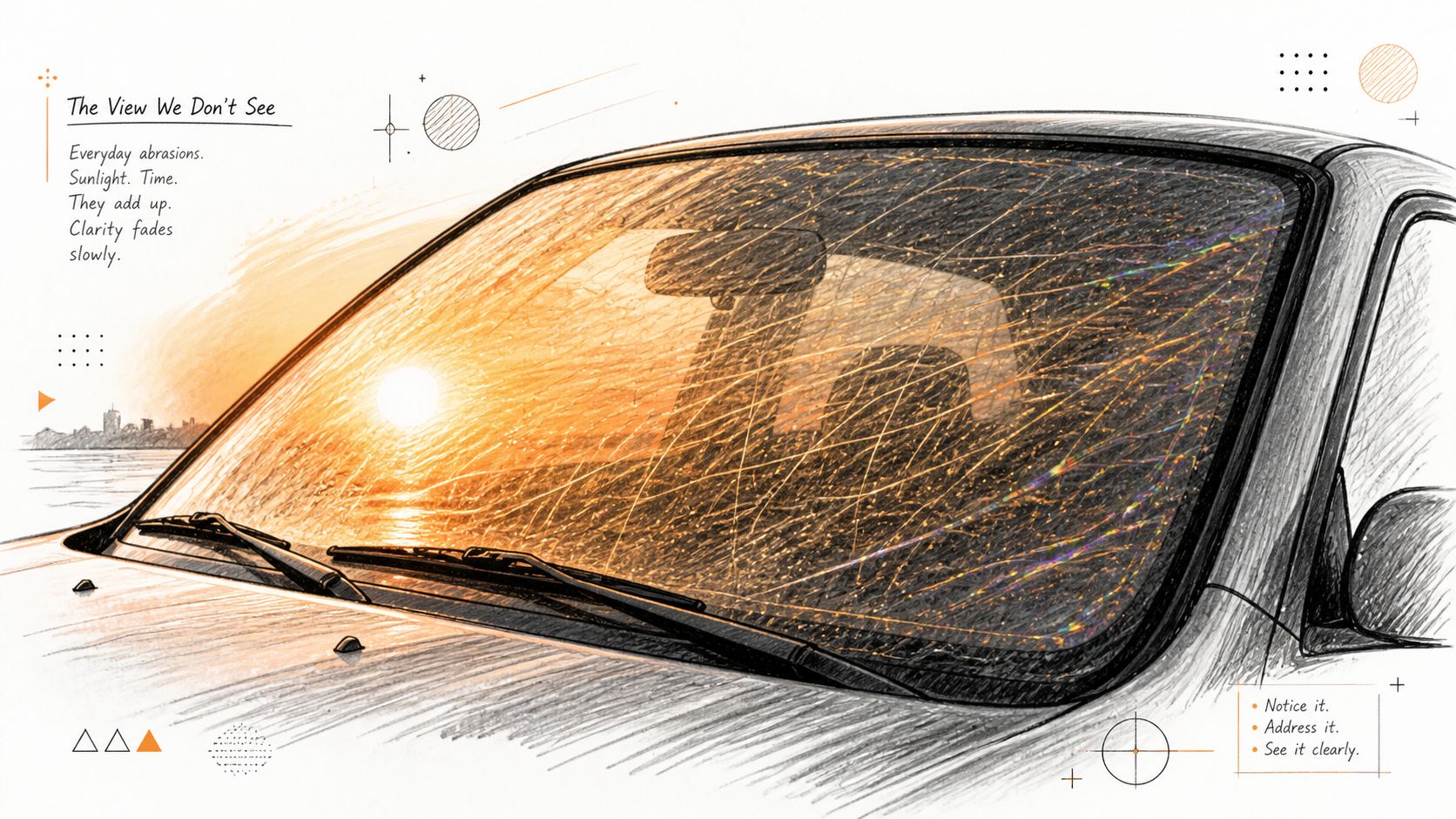 A pencil sketch of a car windshield covered in many fine scratches, illuminated by a setting sun.