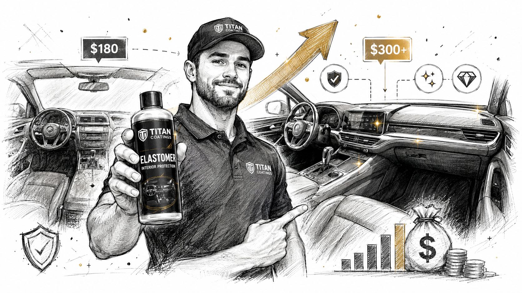 A professional detailing technician holds Titan Coatings Elastomer to illustrate increasing interior car detailing prices and services.