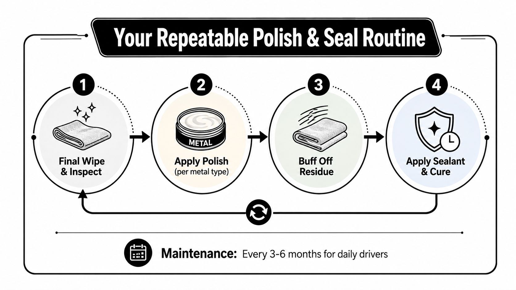 An instructional infographic detailing a four-step repeatable routine for polishing and sealing metal surfaces regularly.