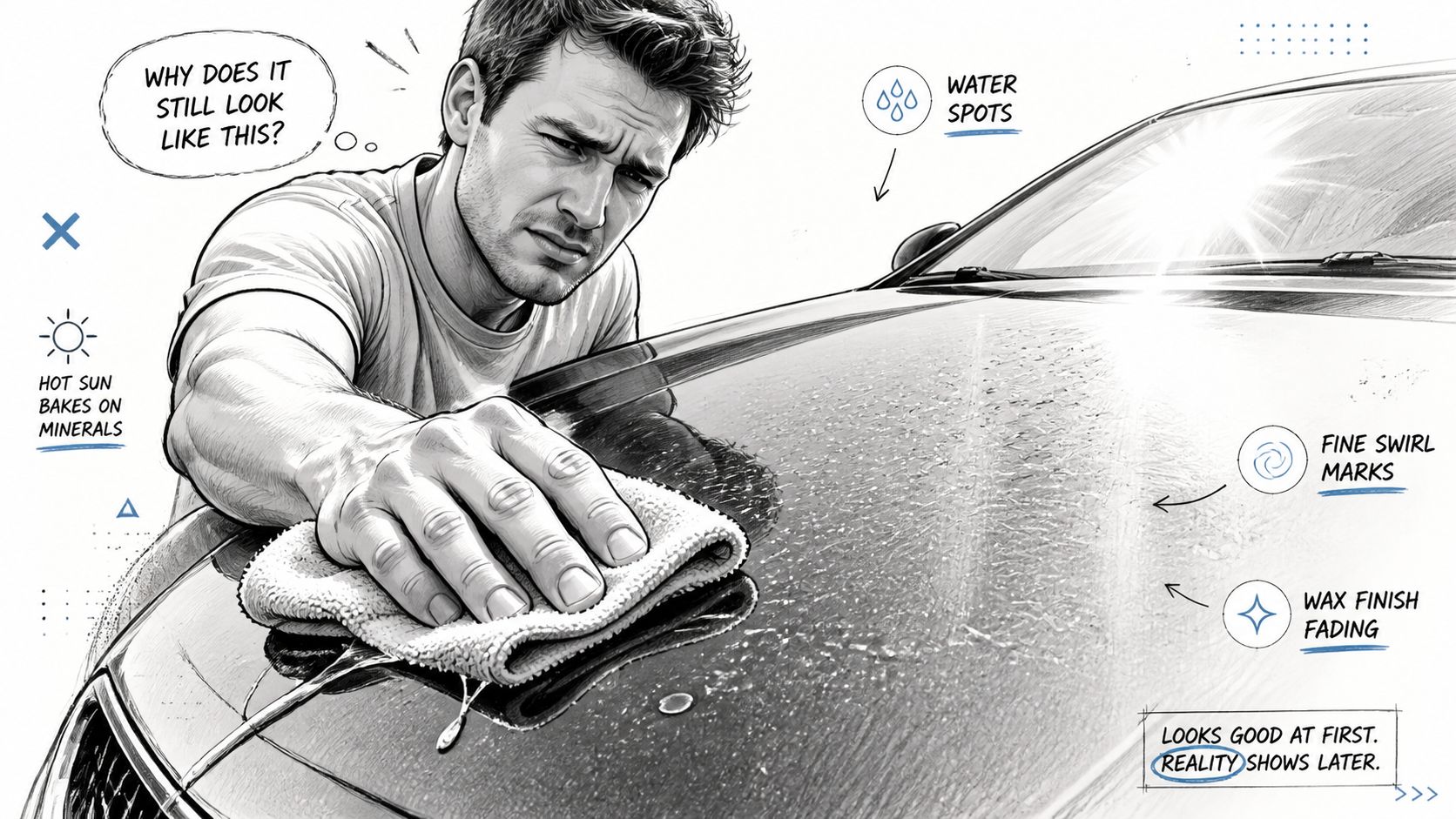 A man frustrated by water spots and swirl marks on his car hood after cleaning it.