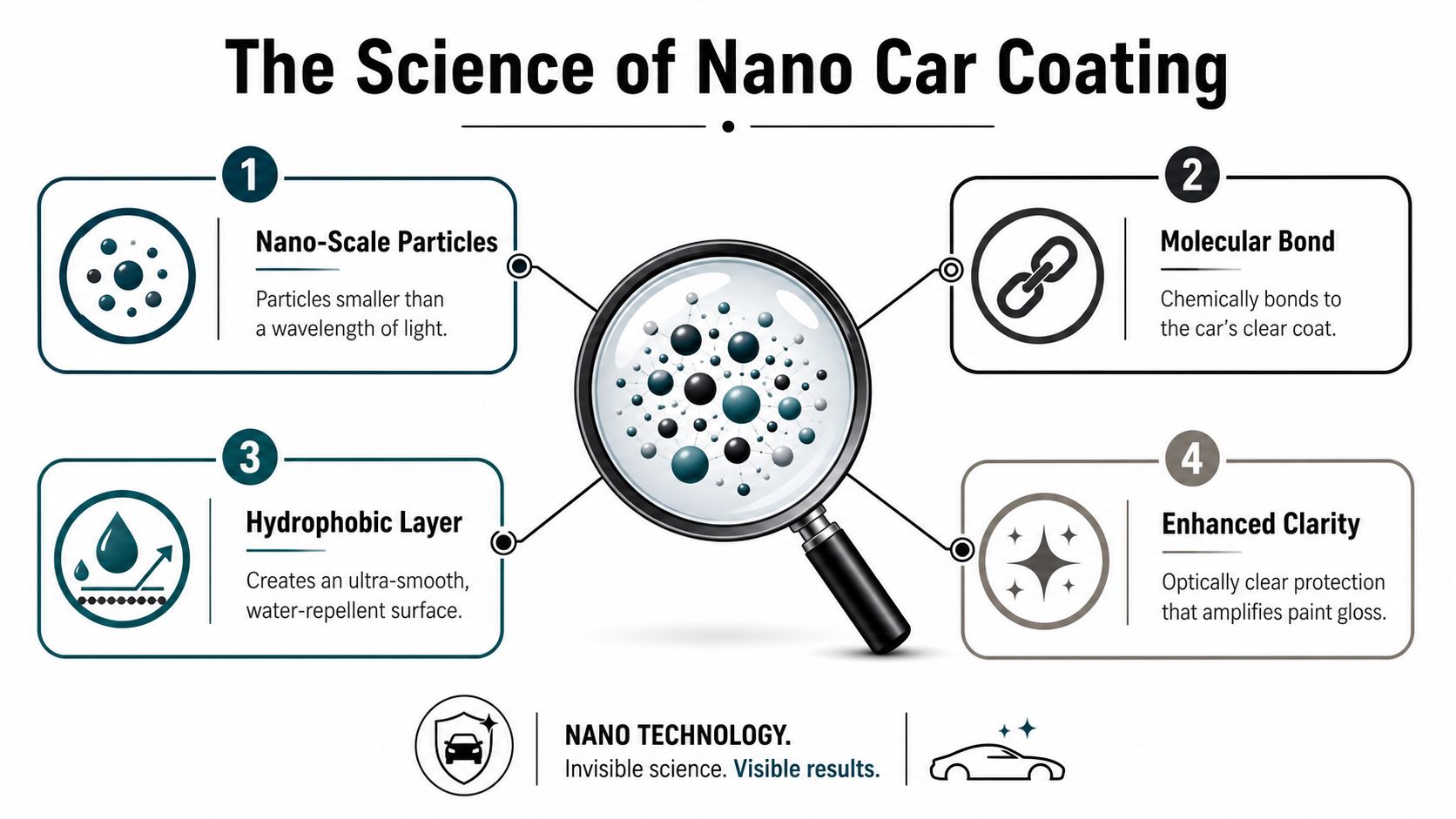 An infographic titled The Science of Nano Car Coating showing four key features of protective automotive treatments.