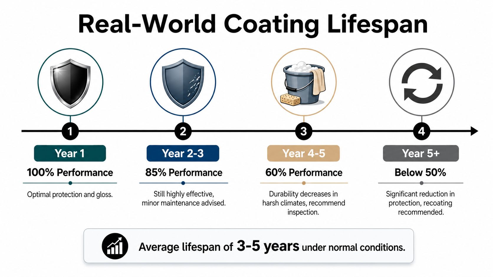 A timeline graphic showing the decreasing performance and lifespan of nano car coatings over five years.
