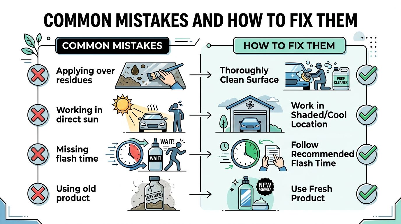 An infographic illustrating common mistakes to avoid when applying car paint protection spray and their recommended solutions.