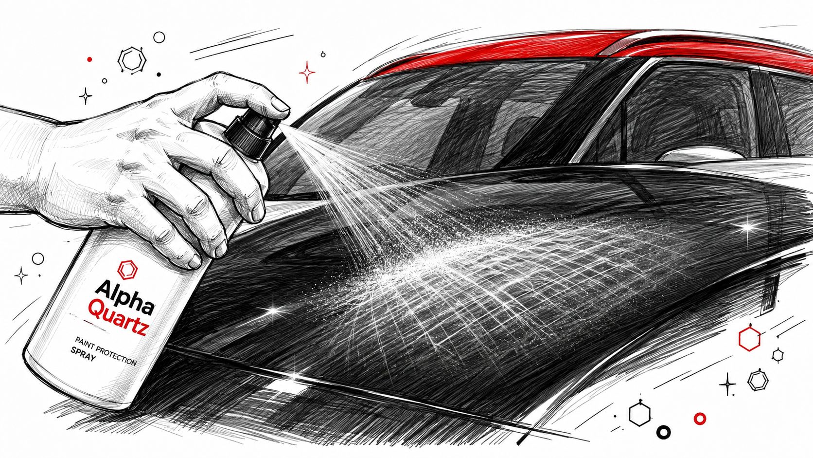 A detailed hand-drawn illustration of a hand applying Alpha Quartz paint protection spray onto a car hood.