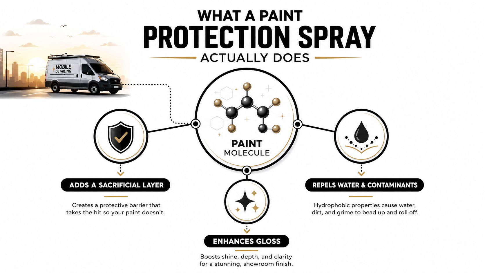 An infographic showing how paint protection spray provides a sacrificial layer, repels contaminants, and enhances car gloss.