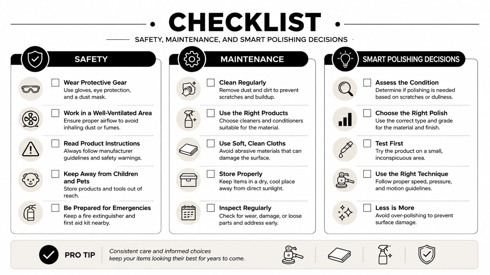 A safety, maintenance, and smart polishing decisions checklist infographic for proper item care and surface preservation.