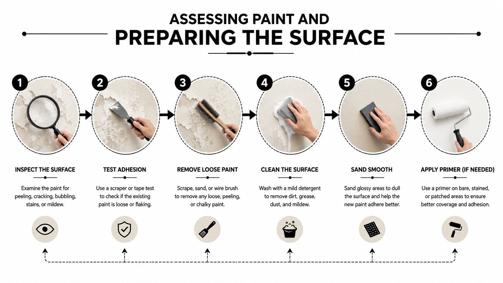 A six-step instructional guide on how to assess and prepare a wall surface before applying paint.