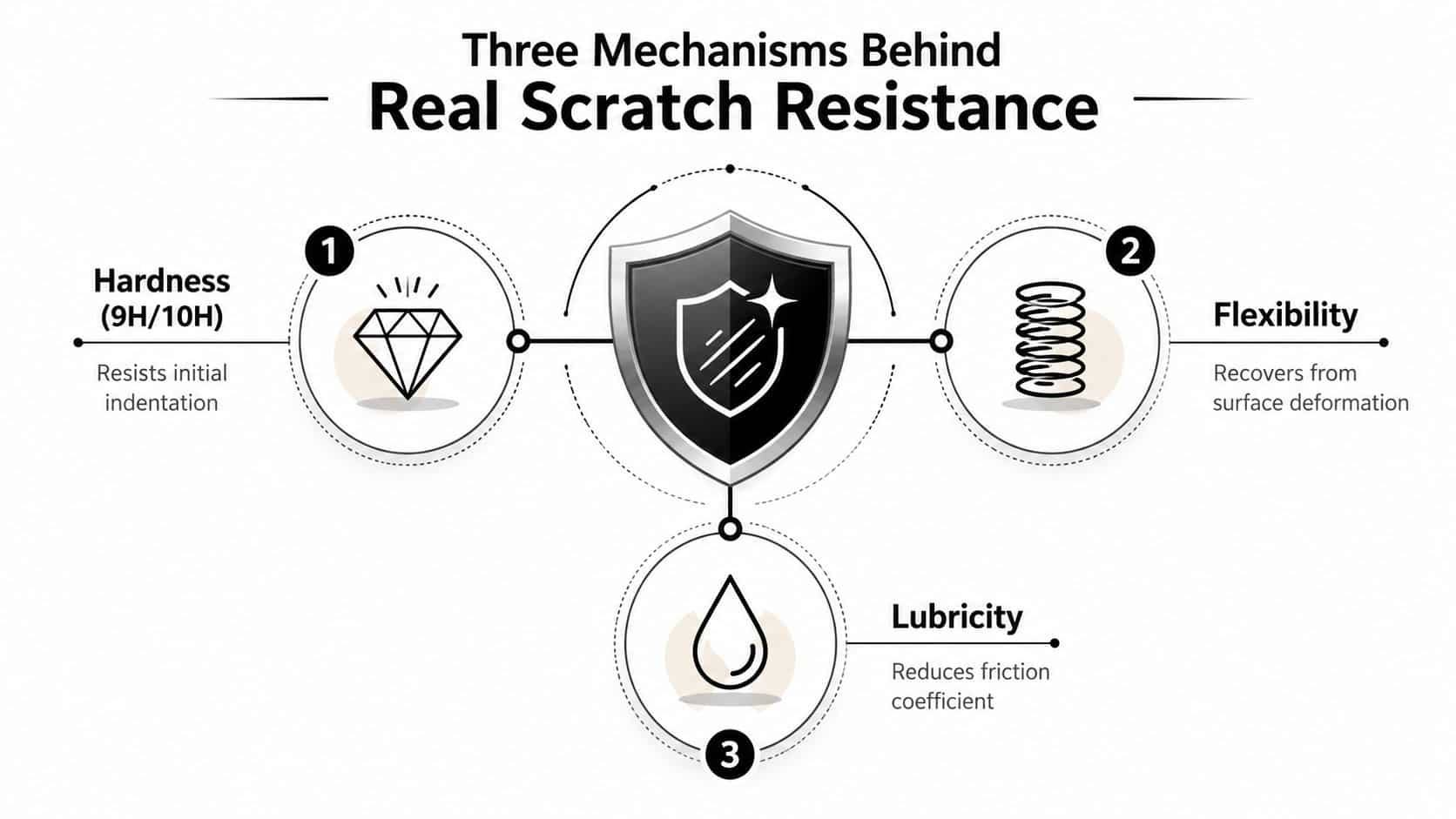An infographic showing three main mechanisms for scratch resistance: hardness, flexibility, and lubricity in protective coatings.