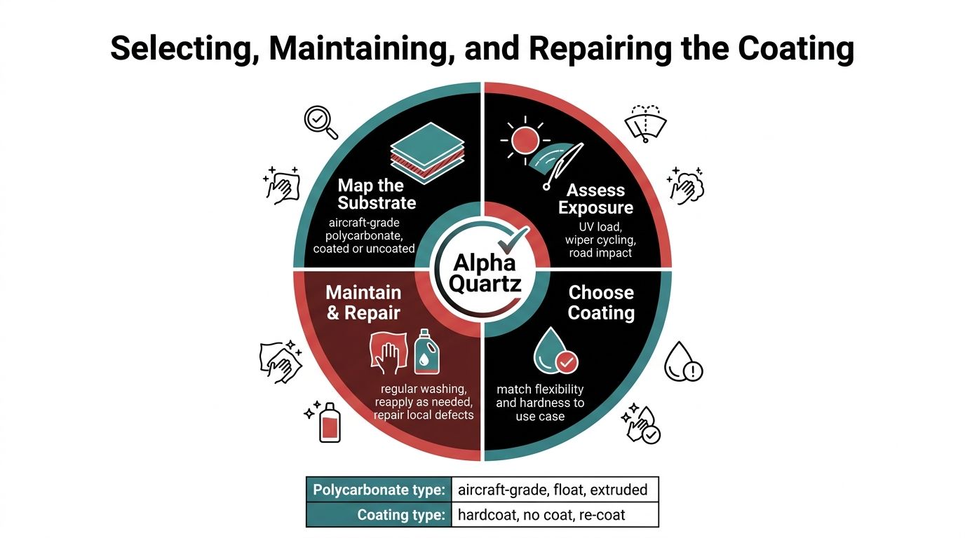 A diagram illustrating the process of selecting, maintaining, and repairing Alpha Quartz scratch resistant coatings for polycarbonate surfaces.