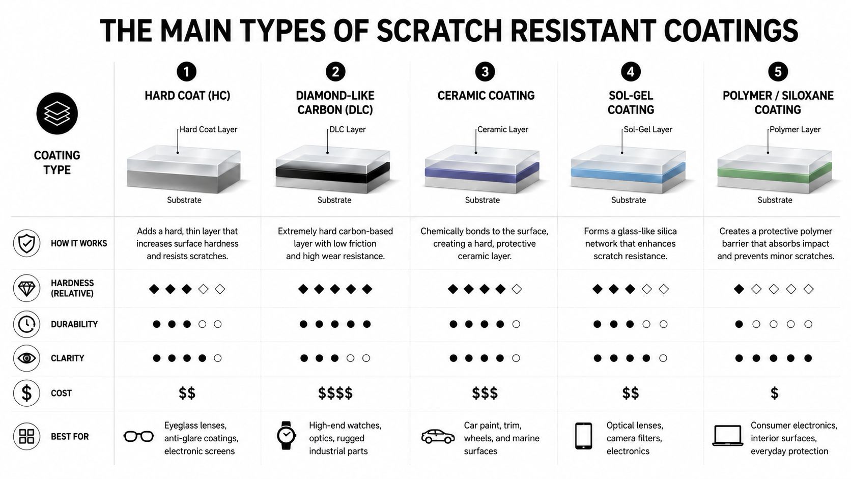 A comparison chart of five main types of scratch resistant coatings for materials like polycarbonate and electronics.