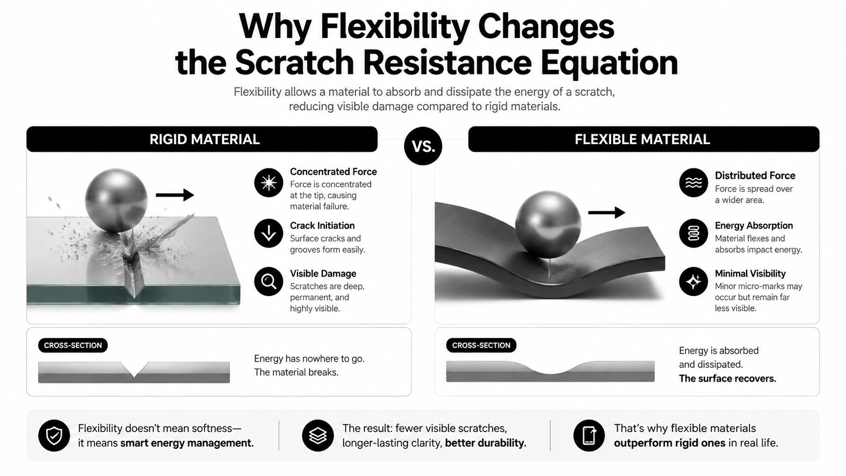 A comparison infographic showing how flexible materials resist scratches better than rigid materials through energy dissipation.