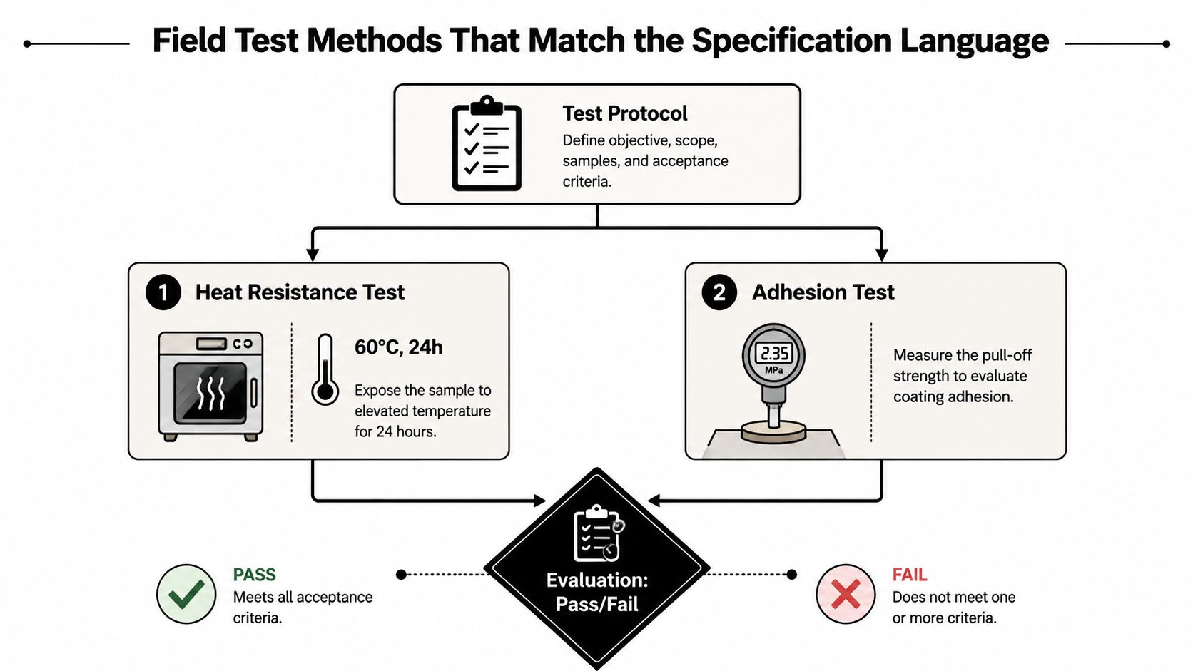 A flowchart detailing field test methods for seal coat specifications, including heat resistance and adhesion testing protocols.