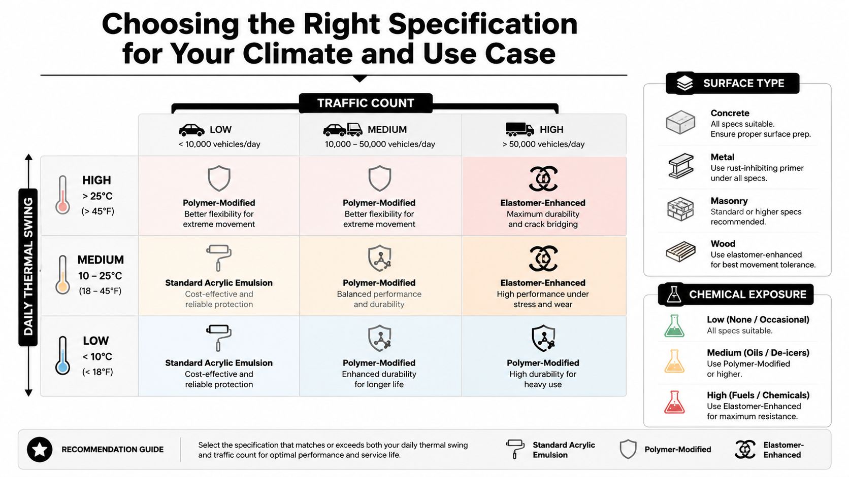 A chart guide for choosing the correct seal coat specifications based on daily thermal swing and traffic counts.