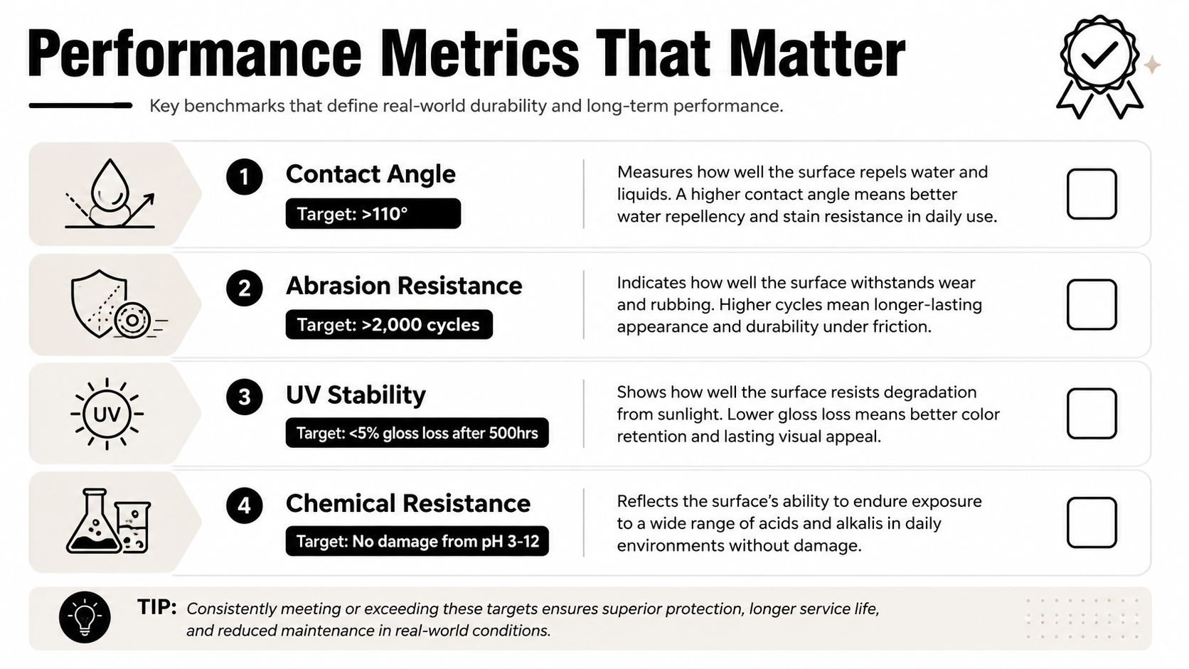 A performance metrics chart highlighting durability standards like contact angle, abrasion resistance, UV stability, and chemical resistance.