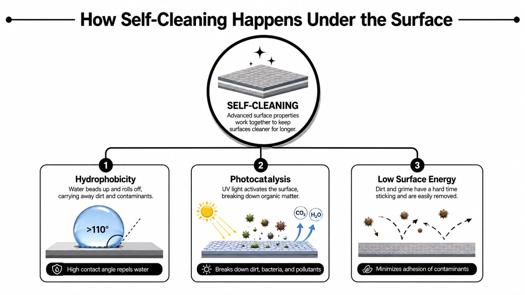 An educational infographic showing the three mechanisms of self-cleaning nano coating surfaces: hydrophobicity, photocatalysis, and low surface energy.