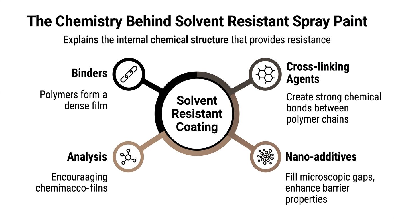 An infographic detailing the components of solvent resistant spray paint including binders, cross-linking agents, and nano-additives.