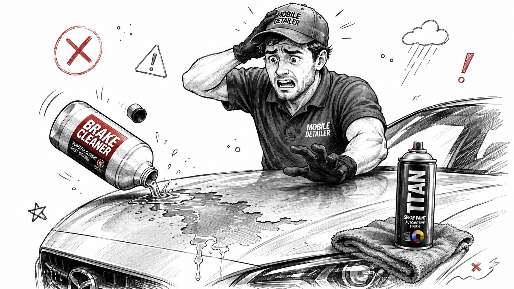 A distressed mobile car detailer watches in horror as brake cleaner accidentally damages the vehicle's paint finish.