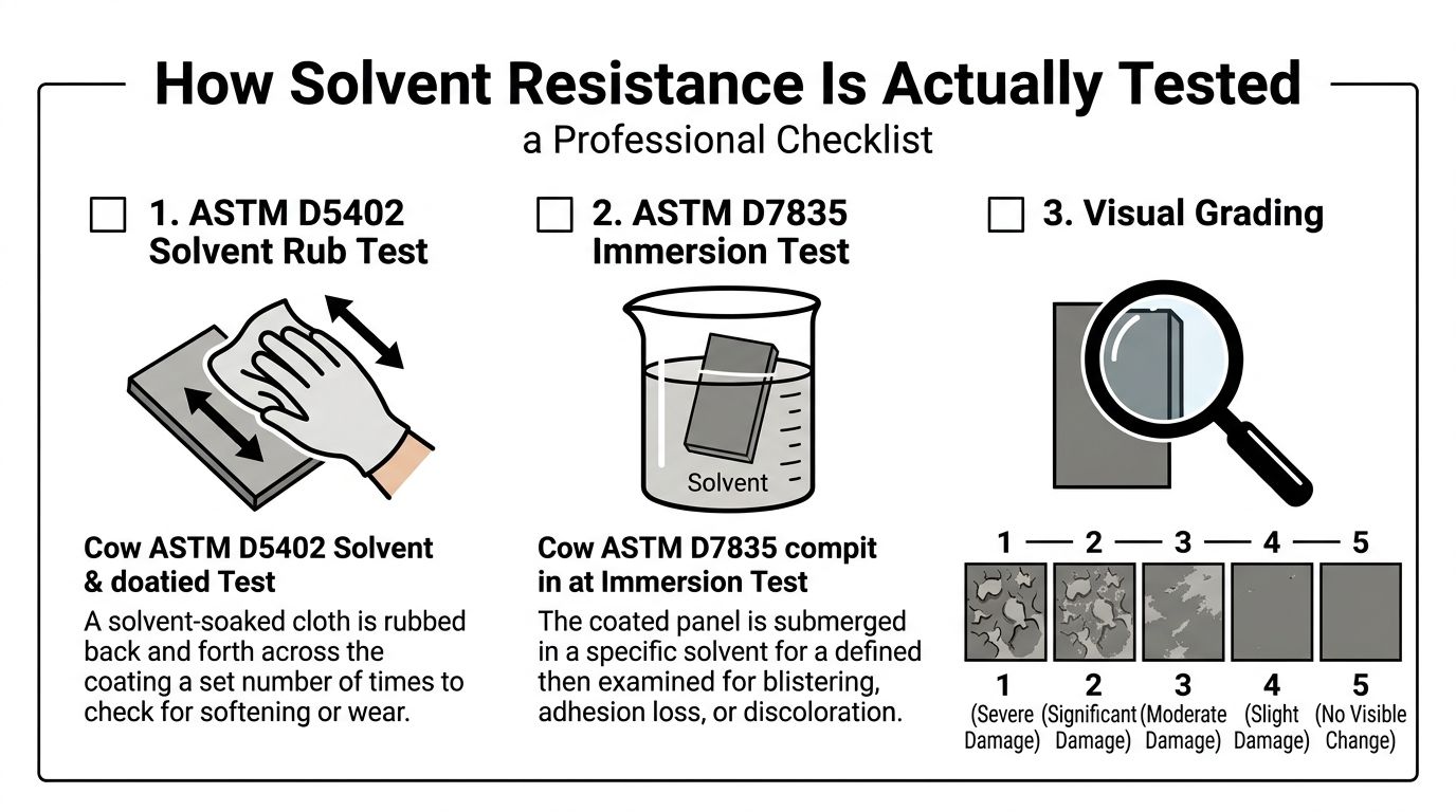 A professional checklist infographic explaining standard ASTM testing methods for measuring solvent resistance in coatings.