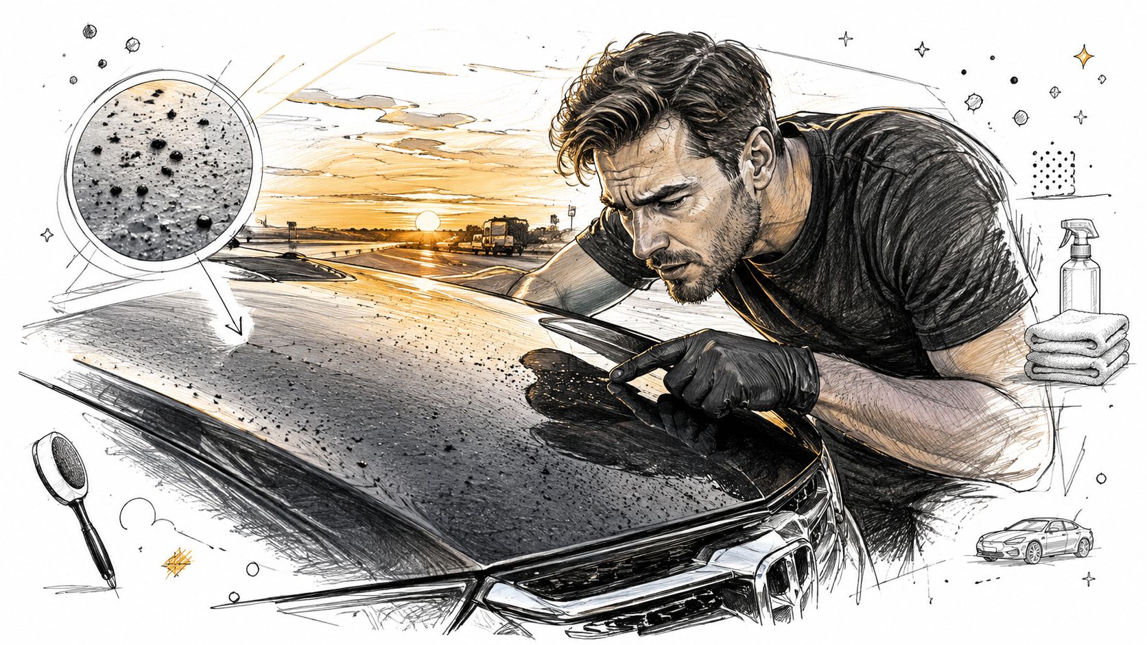 A professional car detailer inspecting stubborn road tar spots on a vehicle hood at sunset.