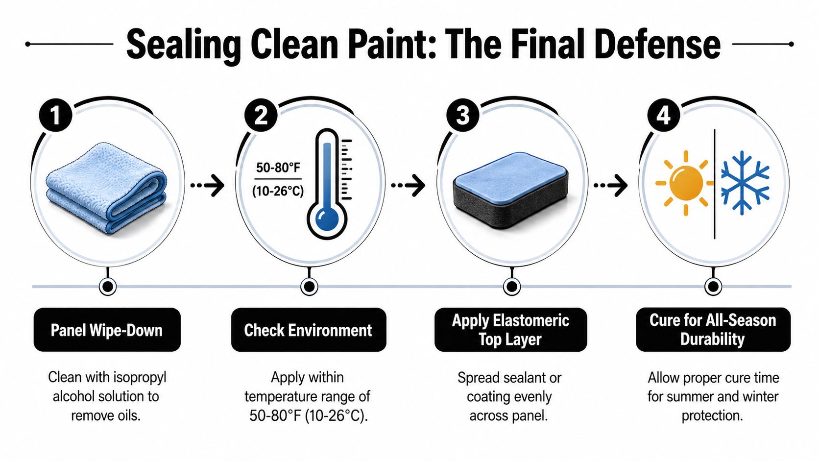 A four-step infographic showing how to apply a paint sealant on a vehicle's surface for protection.