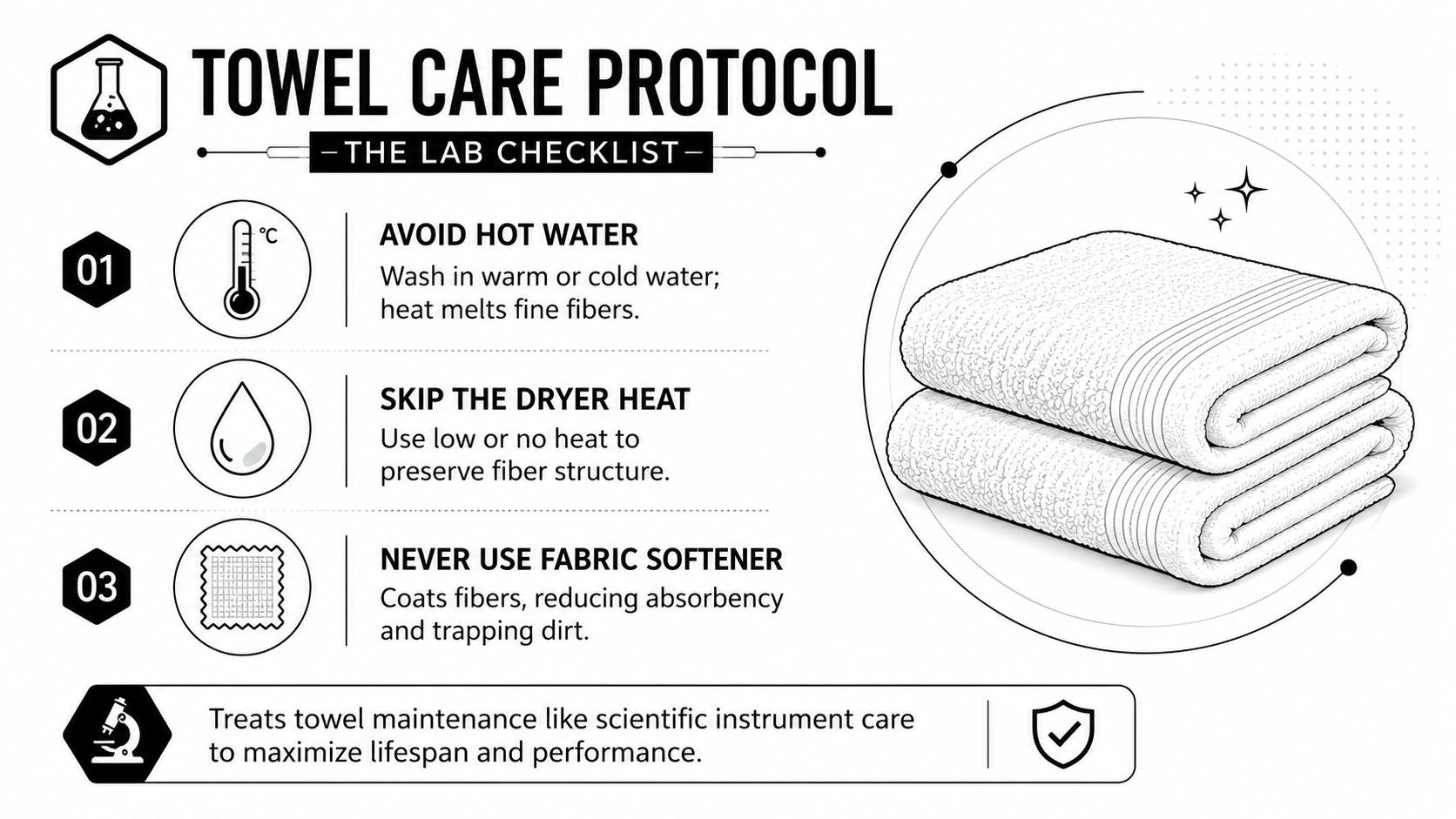 An infographic titled Towel Care Protocol detailing three essential steps for maintaining high-quality towel fibers.