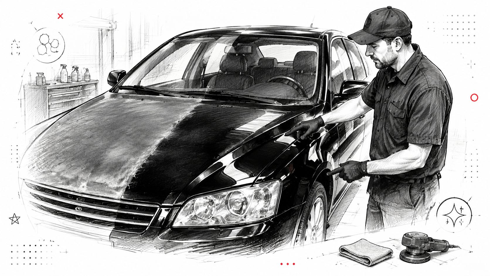 A professional mechanic inspecting the polished finish on a black car hood in a workshop setting.