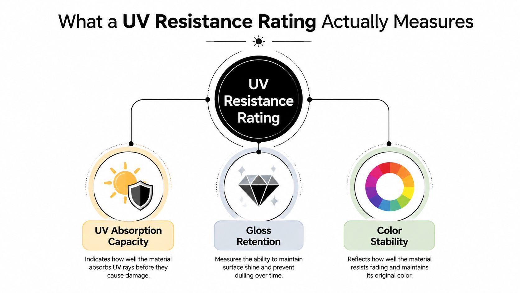 An infographic titled What a UV Resistance Rating Actually Measures, explaining absorption capacity, gloss retention, and color stability.