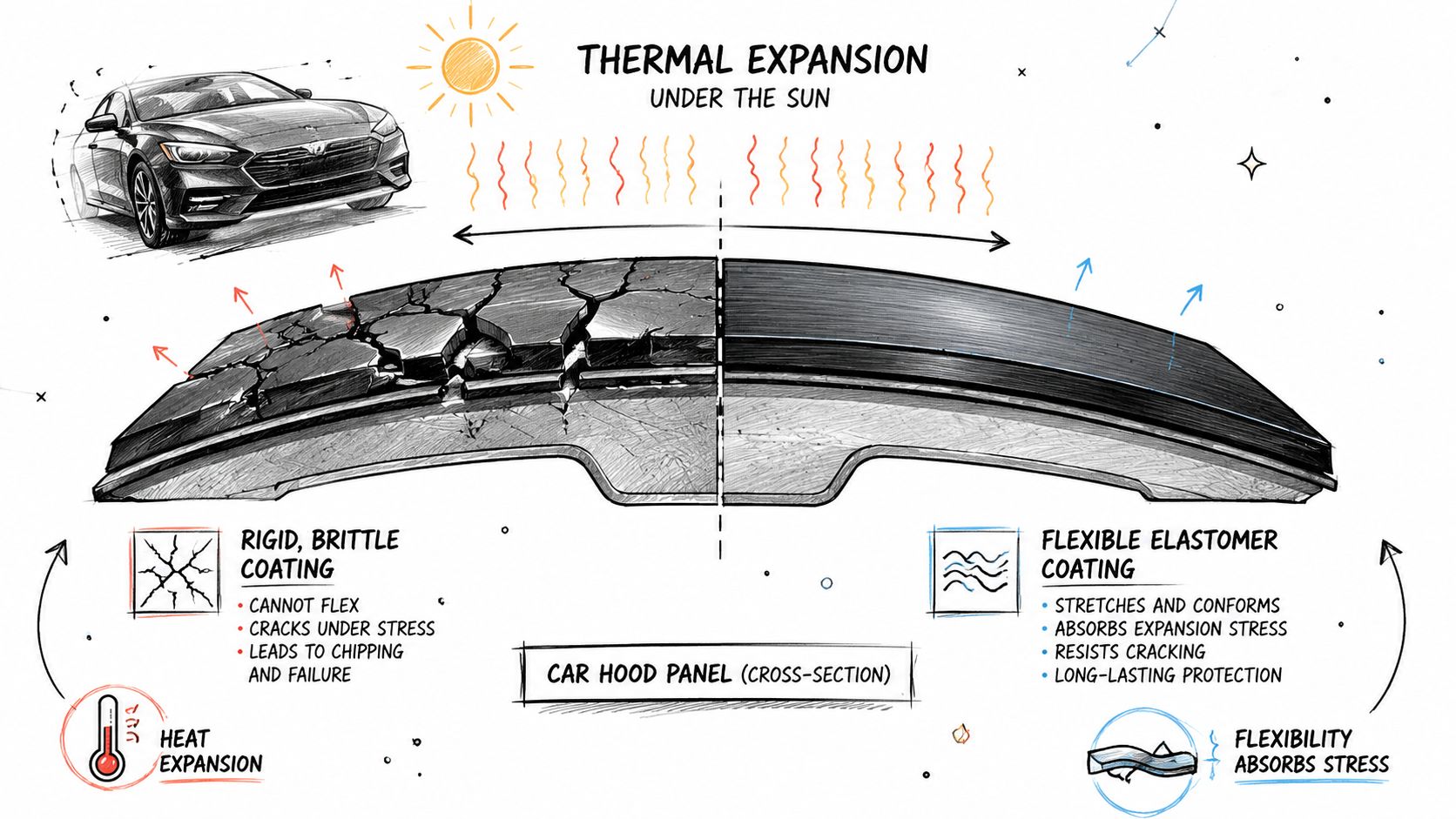 A diagram comparing the thermal expansion effects on rigid versus flexible elastomer coatings on a car hood.