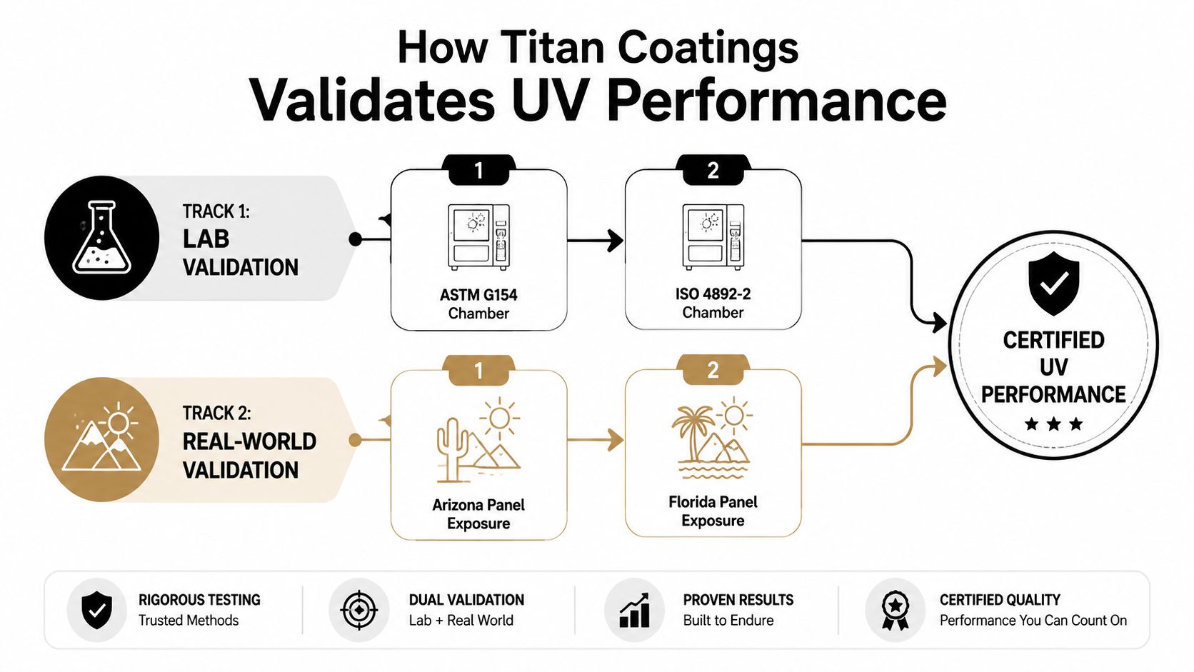 A diagram illustrating Titan Coatings' two-track process for validating UV performance using lab testing and real-world exposure.