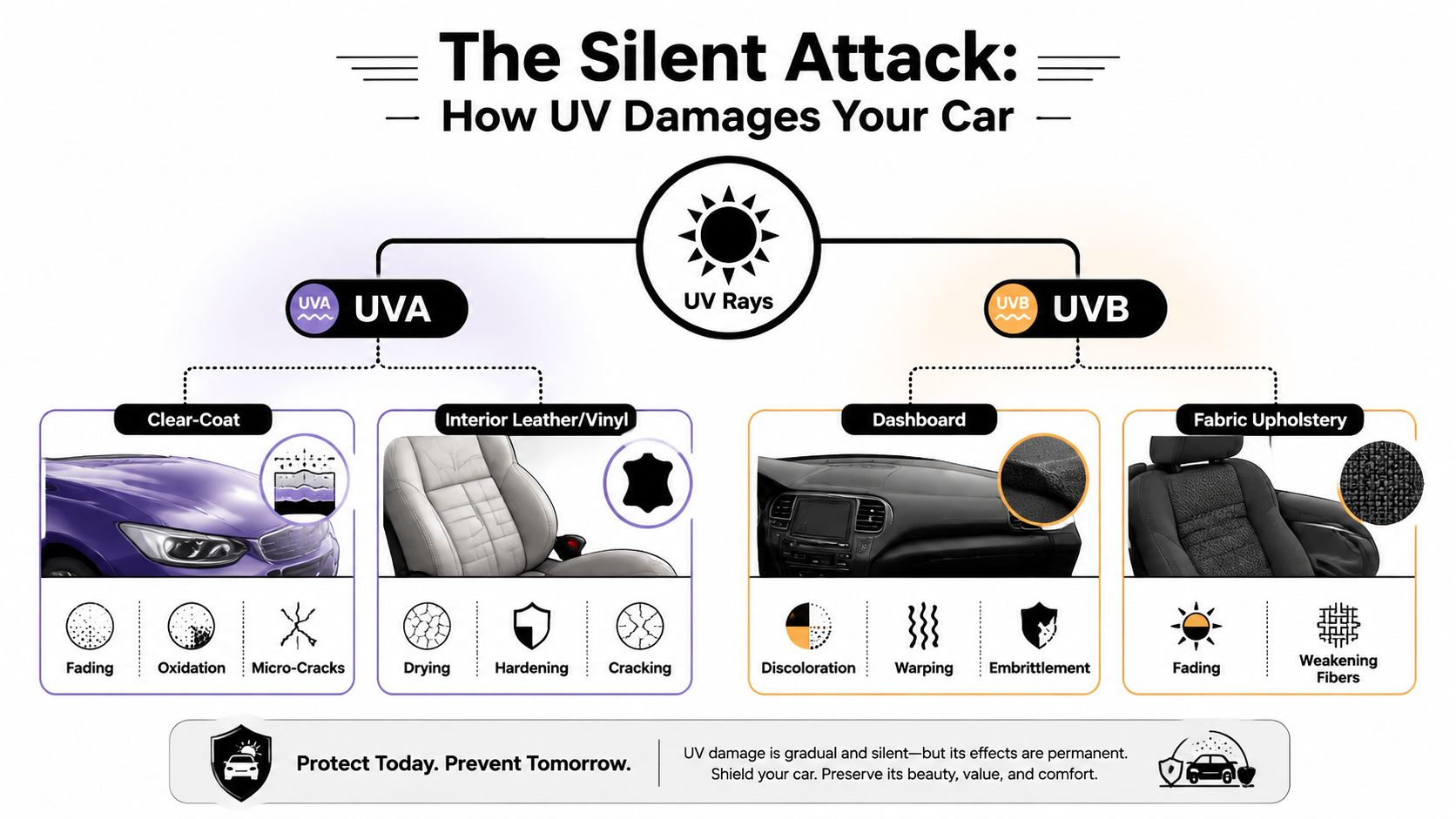 An infographic showing how UVA and UVB rays cause damage to a car's exterior paint and interior components.