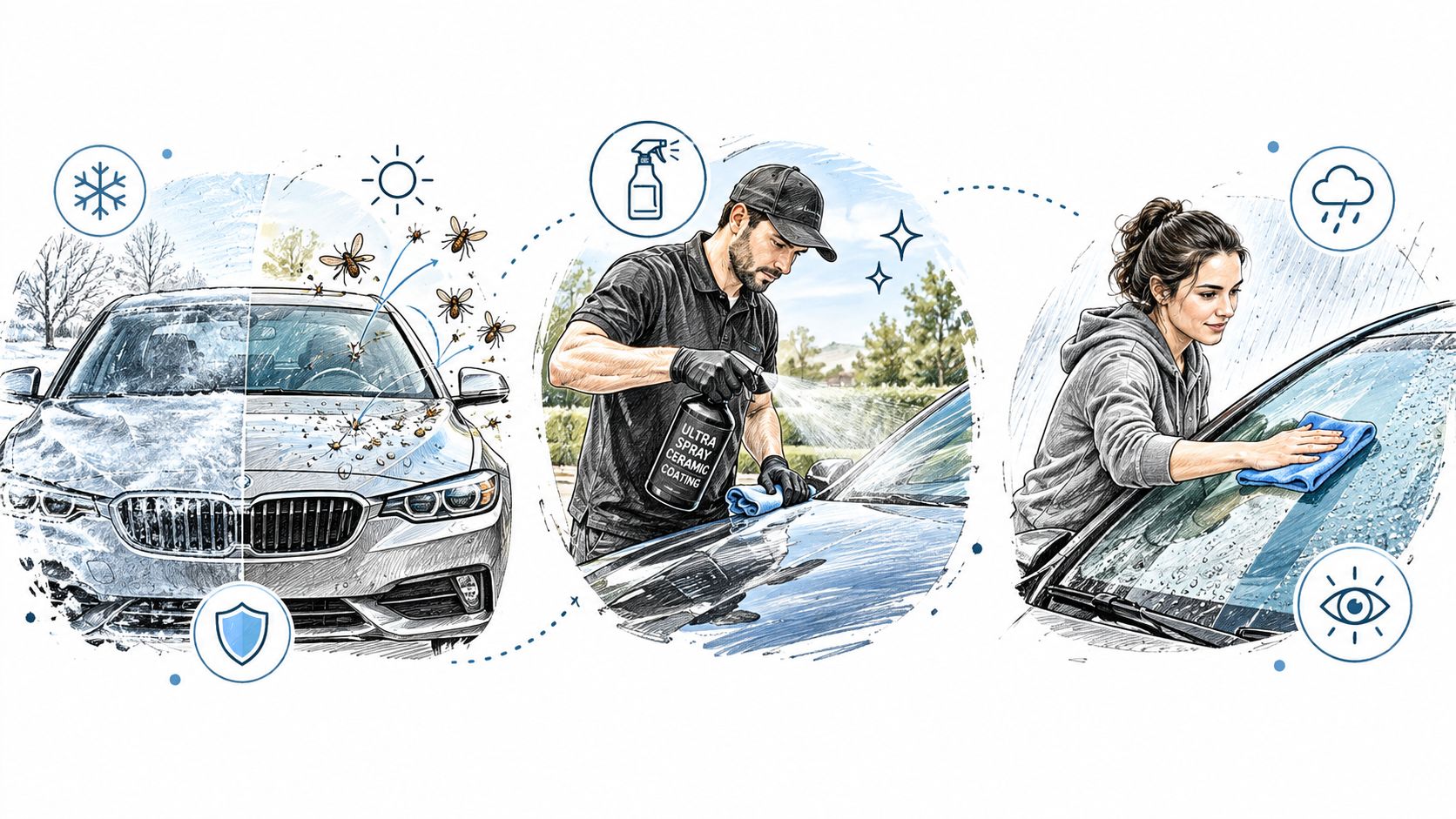 A three-step illustration showing a car protected from elements, application of ceramic spray, and a clean windshield.