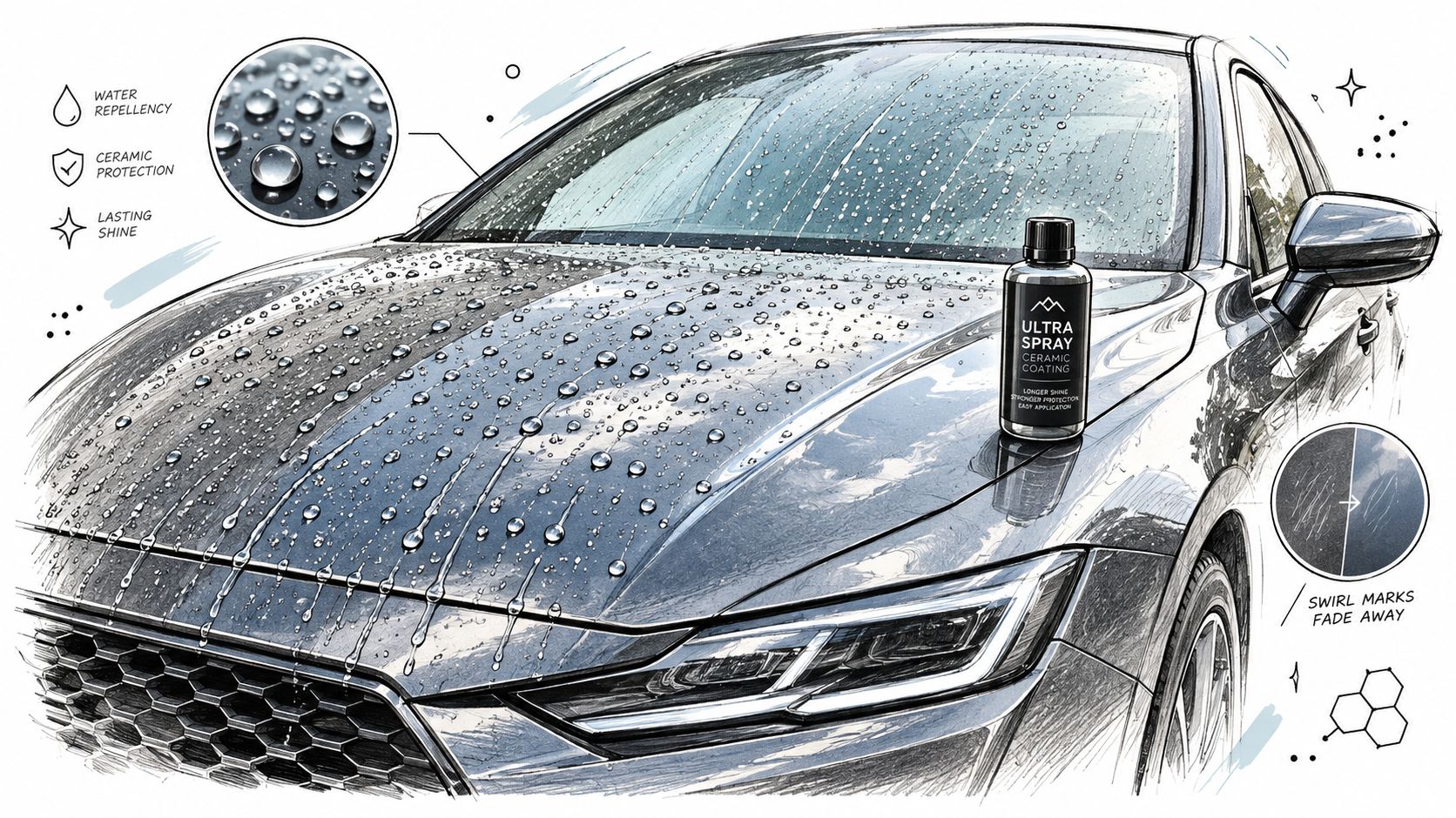A car hood with water beads showing ceramic coating protection next to an Ultra Spray bottle.