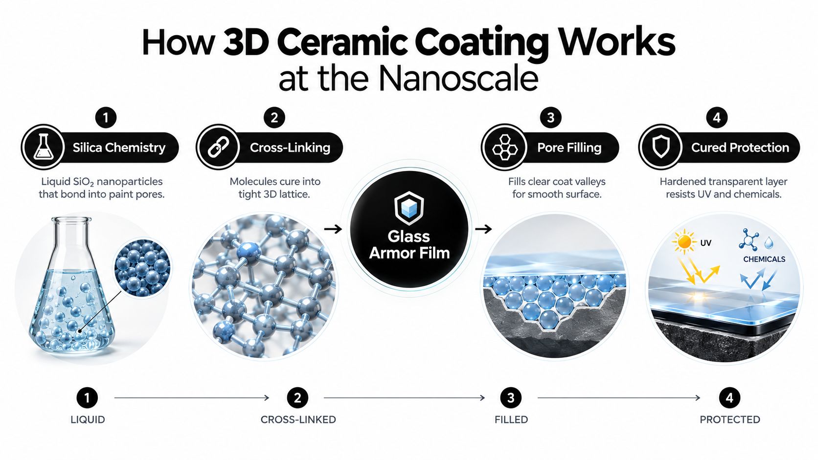 An infographic showing the four stages of how 3D ceramic coating works on a surface at the nanoscale.