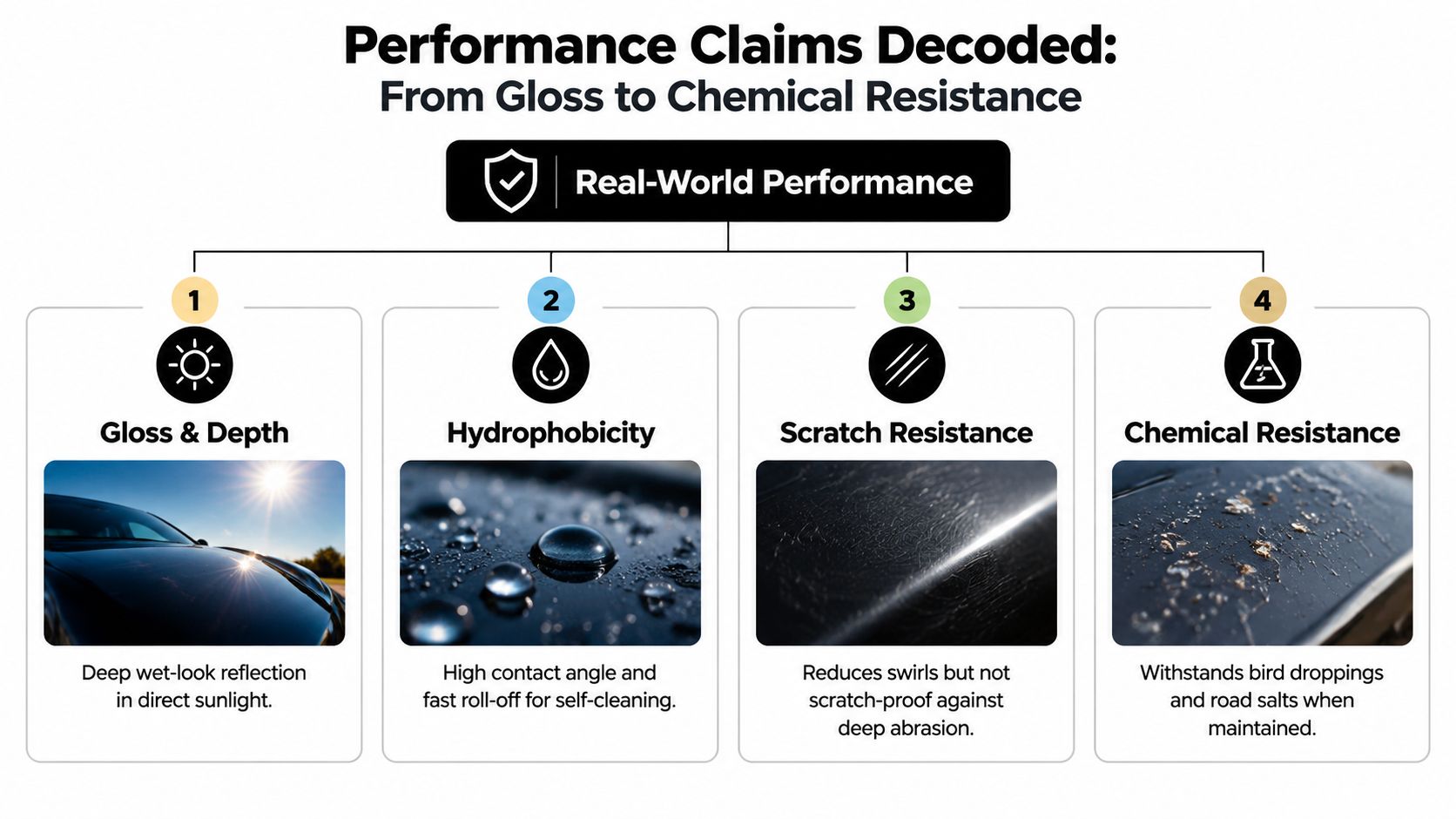 An infographic detailing four real-world performance benefits of ceramic coatings: gloss, hydrophobicity, scratch resistance, and chemical resistance.