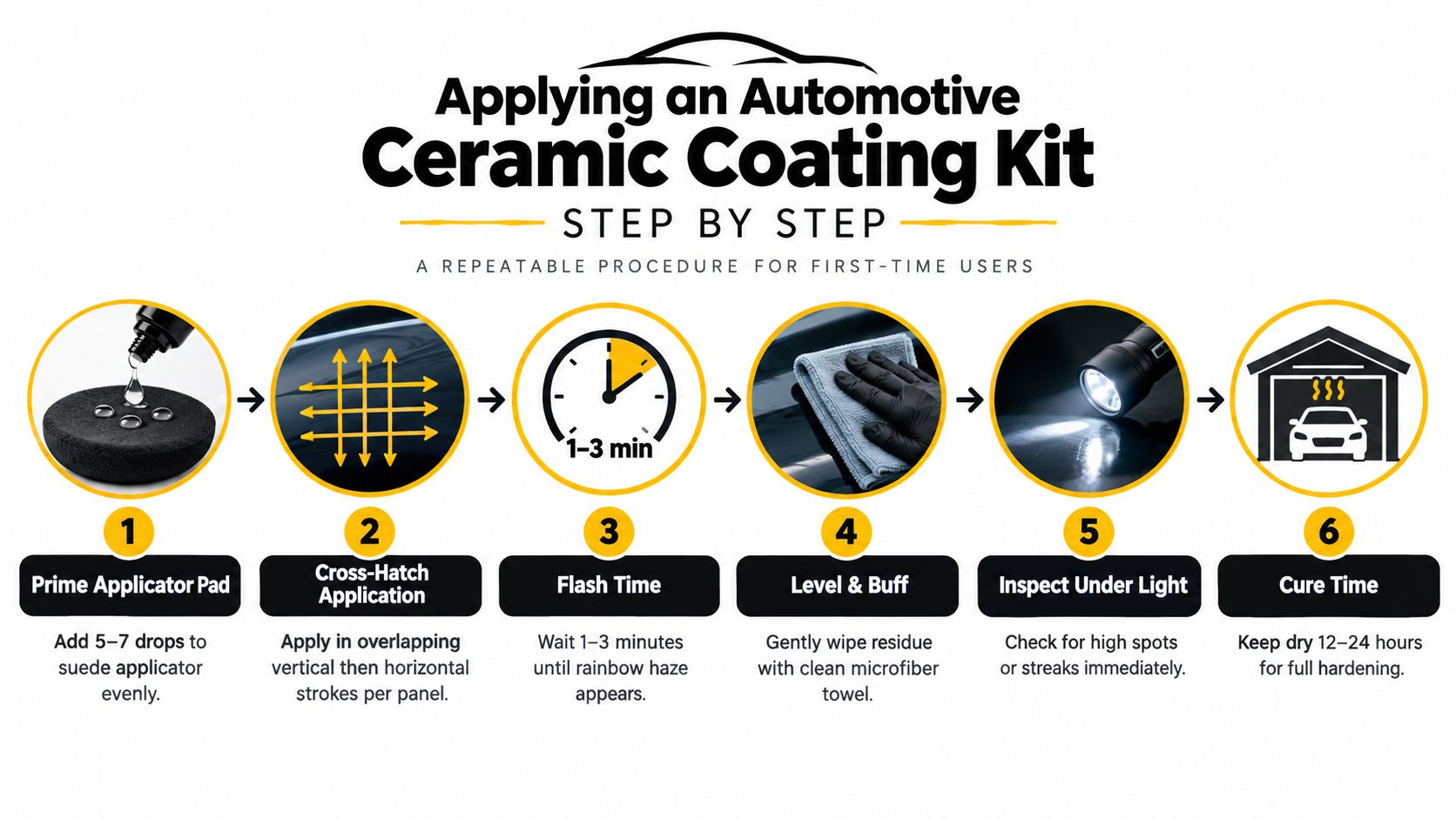 A step-by-step infographic illustrating the six-stage process of applying an automotive ceramic coating kit to a vehicle.