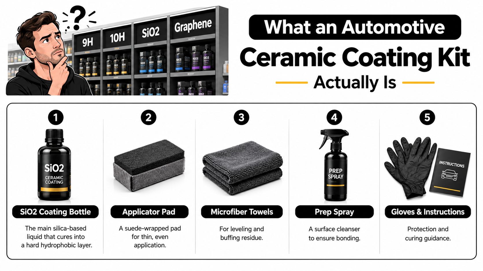 An infographic detailing the five essential components included in a standard automotive ceramic coating kit.