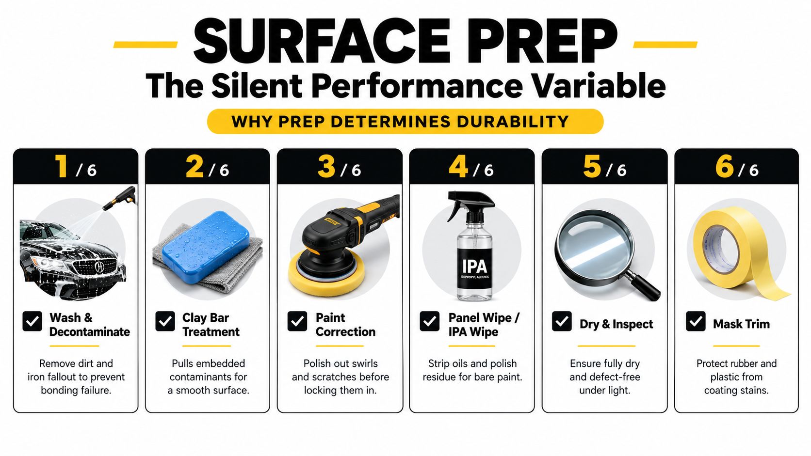 A six-step infographic guide detailing the essential automotive surface preparation process for applying ceramic paint coatings.