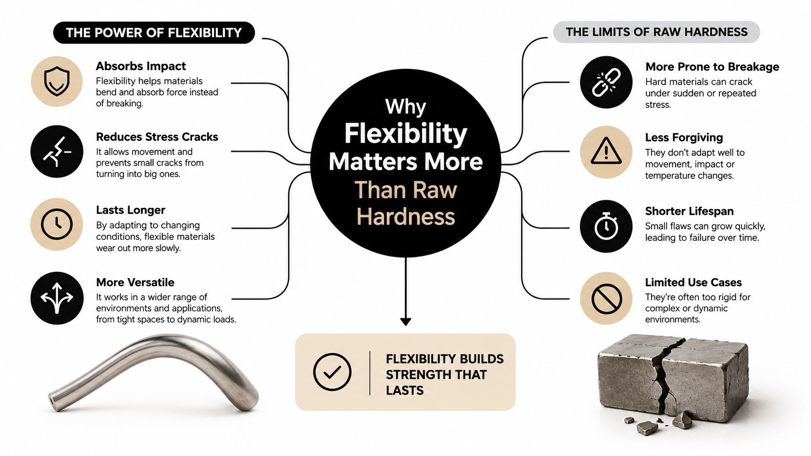 A comparative diagram explaining why flexibility is more beneficial for material durability than raw hardness.