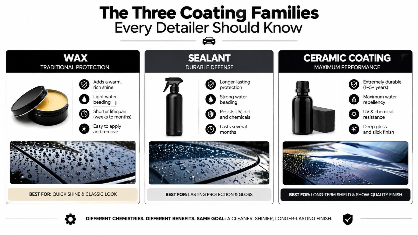 A comparison infographic showing wax, sealant, and ceramic coating for professional auto paint protection options.
