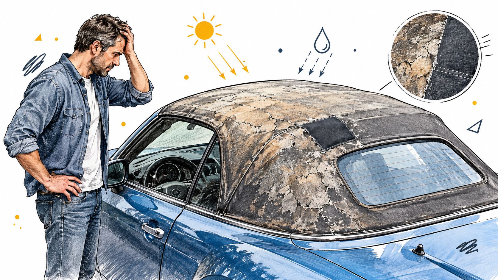 A man looks frustrated at his car with a badly weathered and cracked fabric convertible top roof.