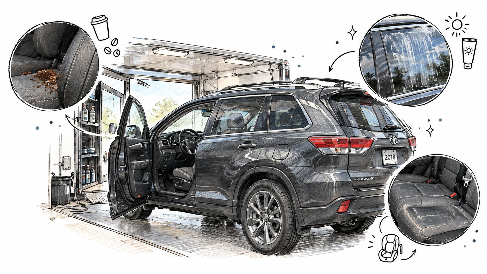 A digital illustration showing a messy car interior being prepped for professional detailing and cleaning services.