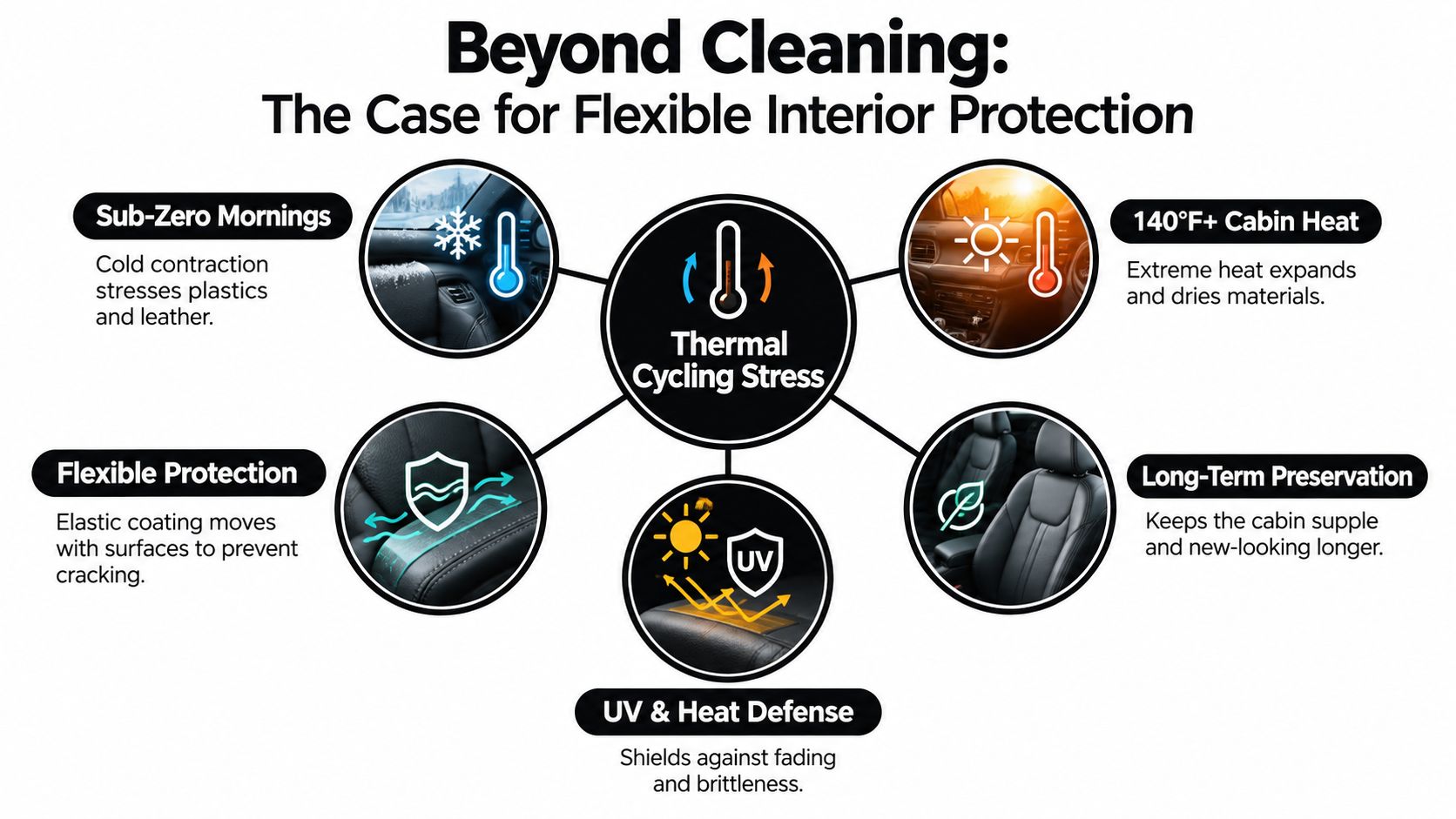 A diagram illustrating how thermal cycling stress impacts car interiors and the benefits of protective coatings.