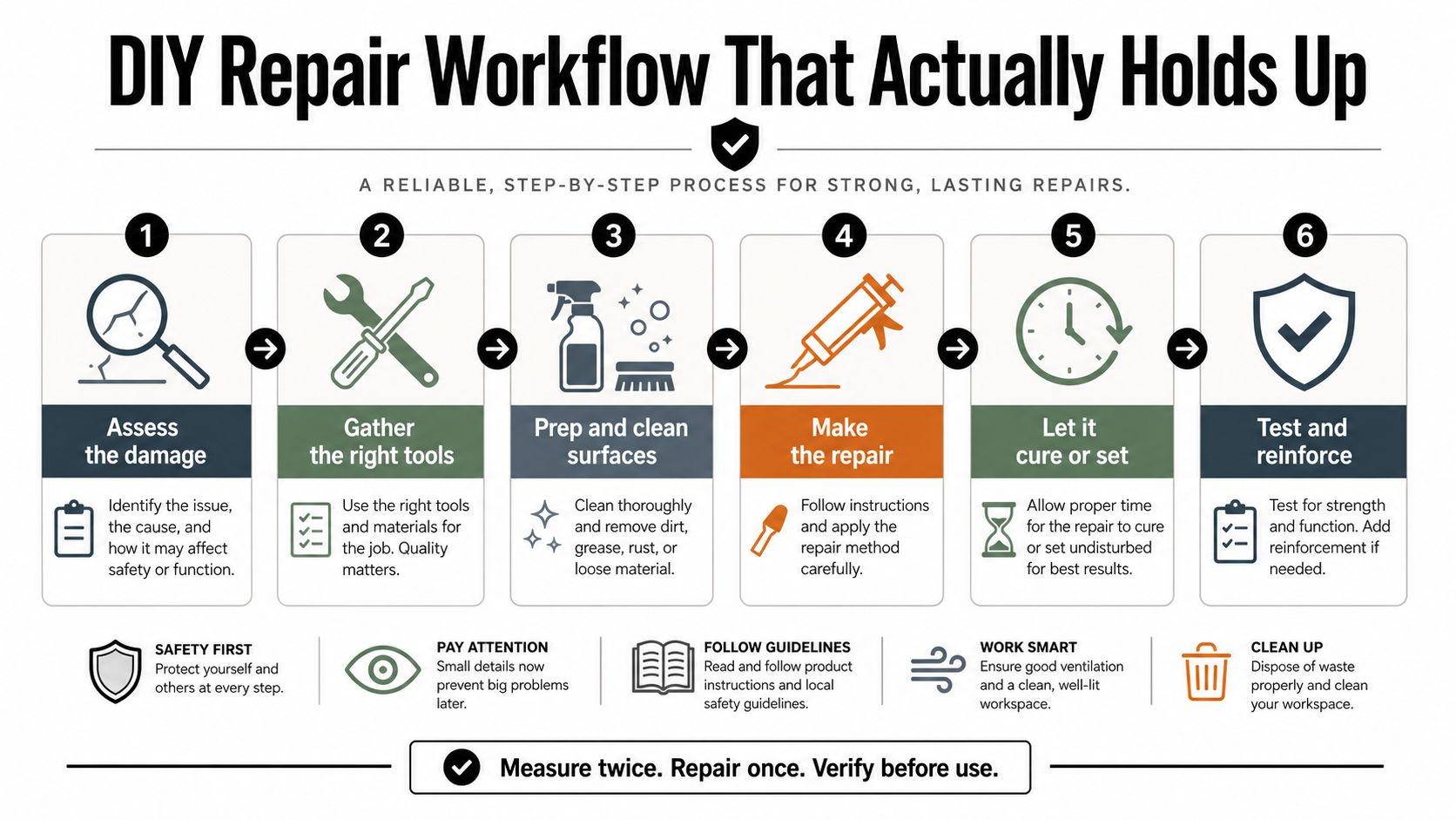 A six-step infographic workflow for performing DIY repairs, focusing on assessment, preparation, and careful execution.